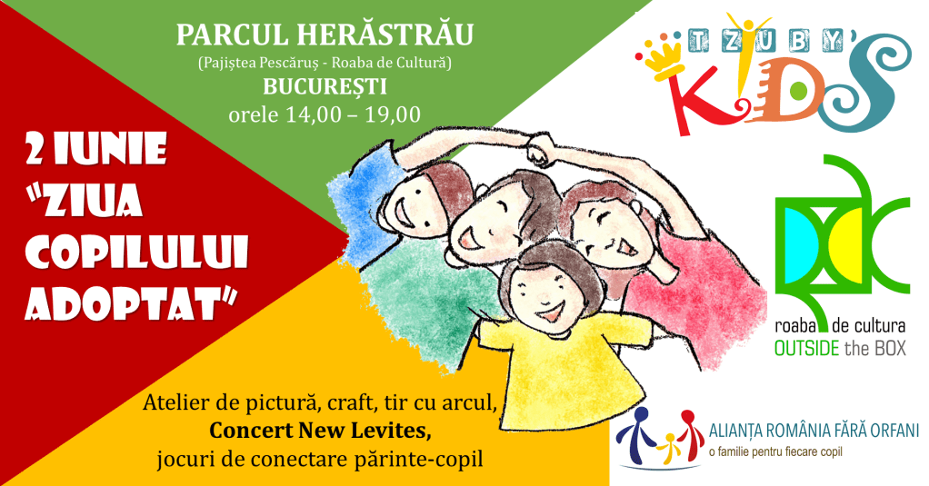 Vino duminică, 2 iunie, în Parcul Herăstrău din București pentru a celebra Ziua Copilului Adoptat. Activități de conectare părinți-copii, face-painting, ateliere de pictură și desen, amprenta familiei, jocuri, Concert New Levites, și multe&nbsp;surprize!