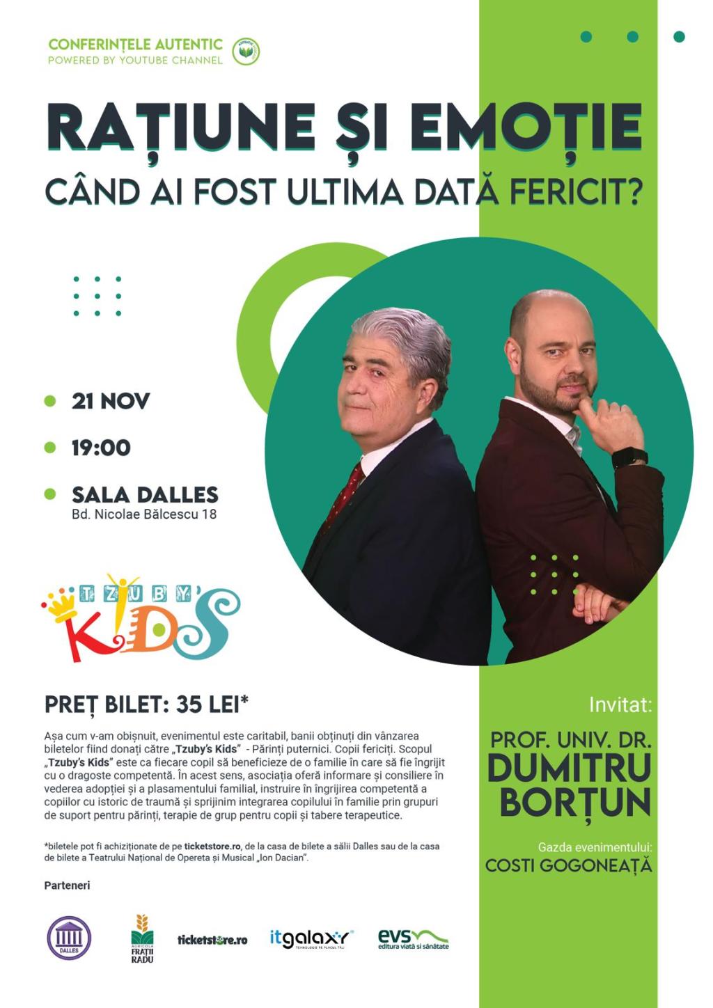 Asociatia Tzuby’s Kids prezintă Părinți puternici. Copii fericiți, alături de profesorul Dumitru Borțun, la conferința&nbsp;AUTENTIC